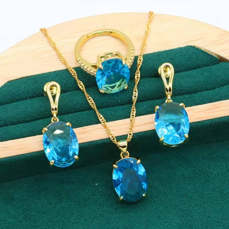 Geometric Blue Gemstone Gold Jewelry Set for Women