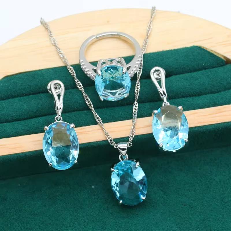 Geometric Blue Gemstone Gold Jewelry Set for Women (9)