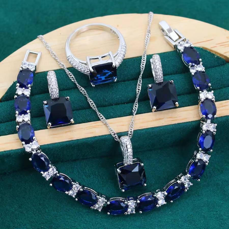 Geometric Blue Zircon 925 Silver Jewelry Set - Women's Mother's Day Gift