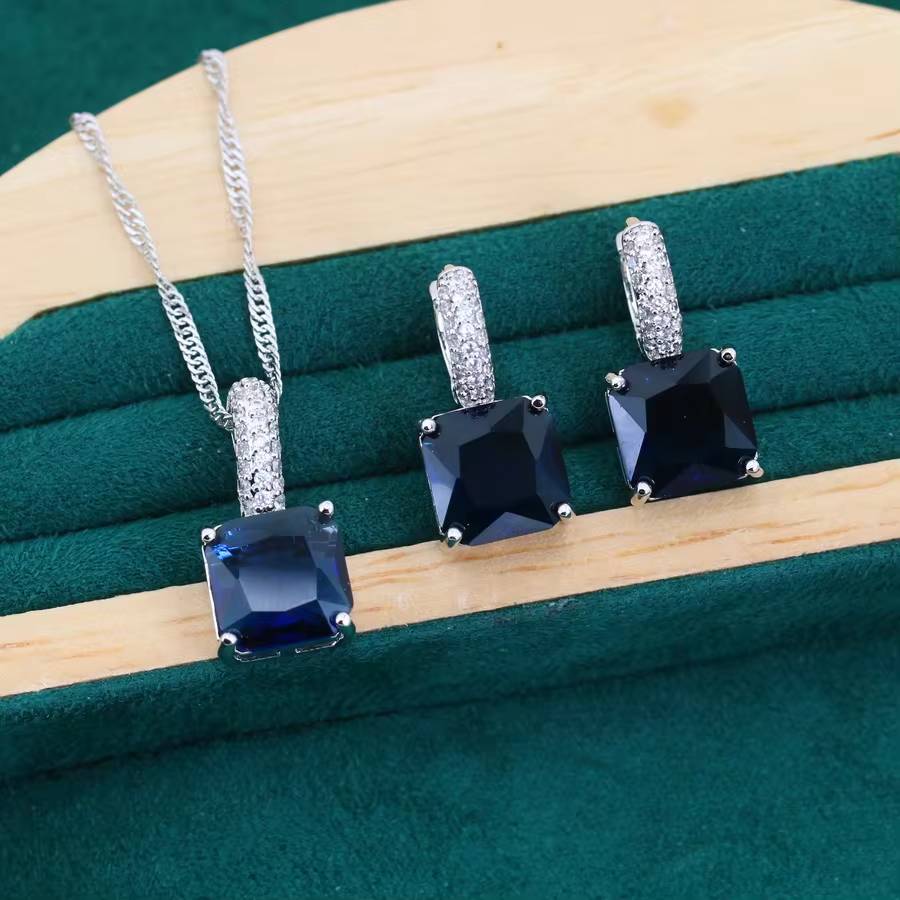 Geometric Blue Zircon 925 Silver Jewelry Set - Women's Mother's Day Gift (3)