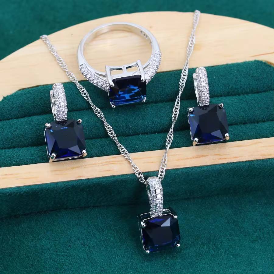 Geometric Blue Zircon 925 Silver Jewelry Set - Women's Mother's Day Gift (7)