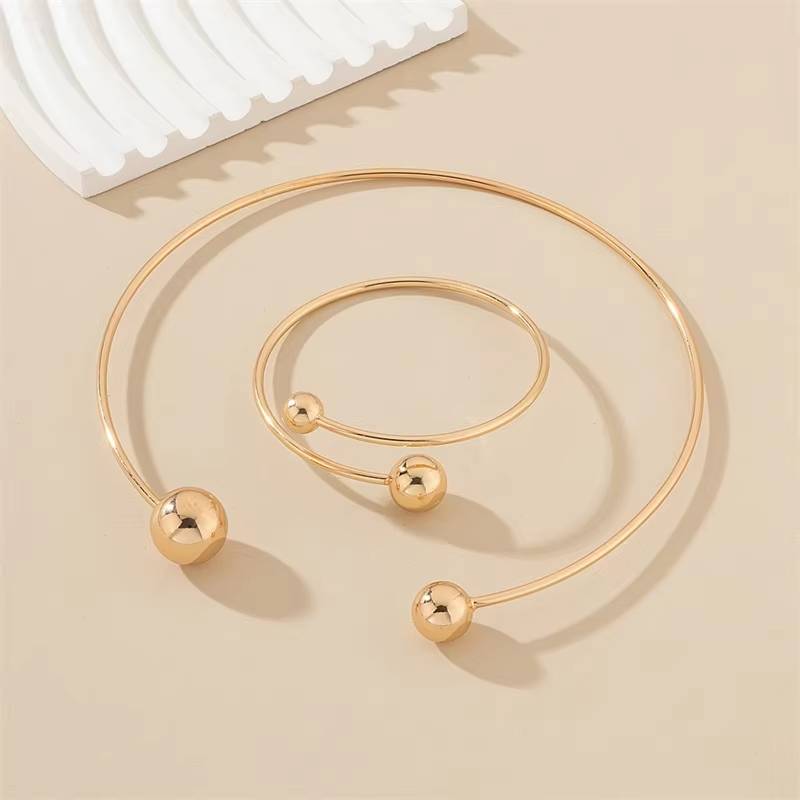 Geometric Metal Round Ball Torques Choker Necklace Set