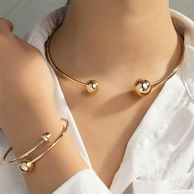 Geometric Metal Round Ball Torques Choker Necklace Set (5)