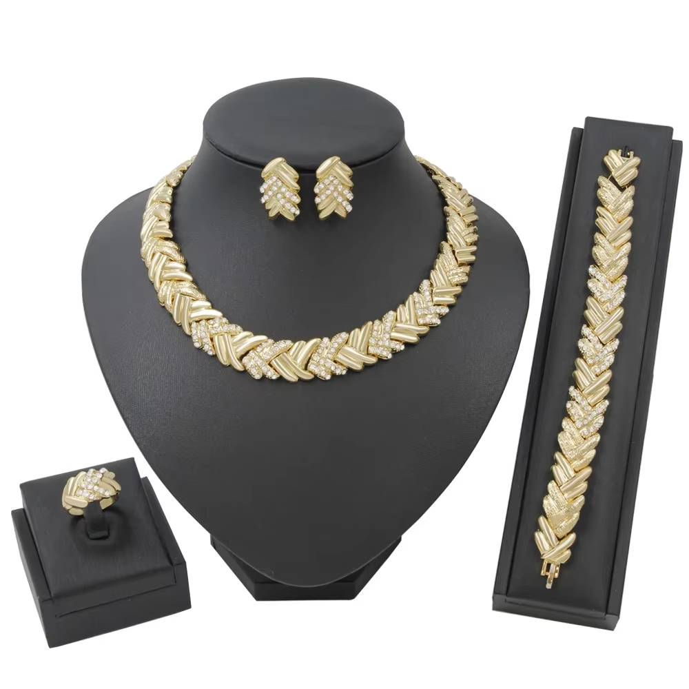 Gold Crystal Nigerian Indian Jewelry Set - Necklace & More (2)