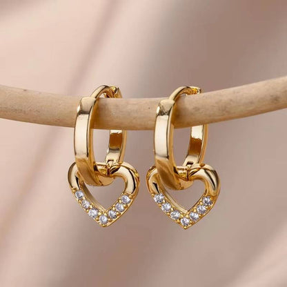 Gold Stainless Steel Zircon Heart Earrings Jewelry Mujer Accesorios (2)