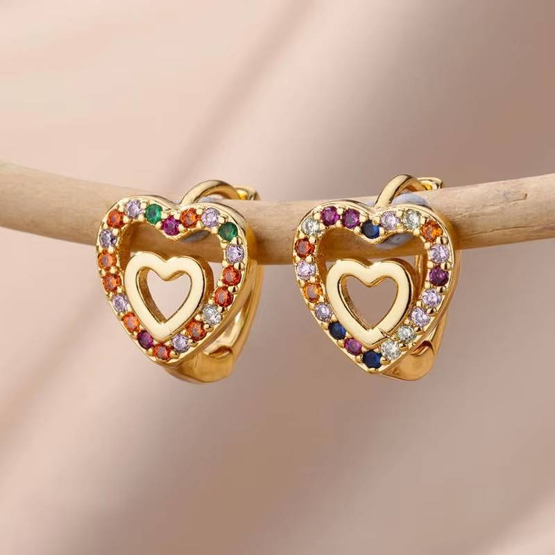 Gold Stainless Steel Zircon Heart Earrings Jewelry Mujer Accesorios (3)