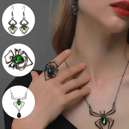 Gothic Black Spider Pendant Necklace Earrings Green Crystal Rings