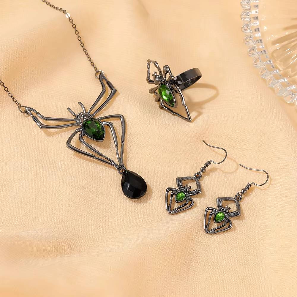 Gothic Black Spider Pendant Necklace Earrings Green Crystal Rings (3)