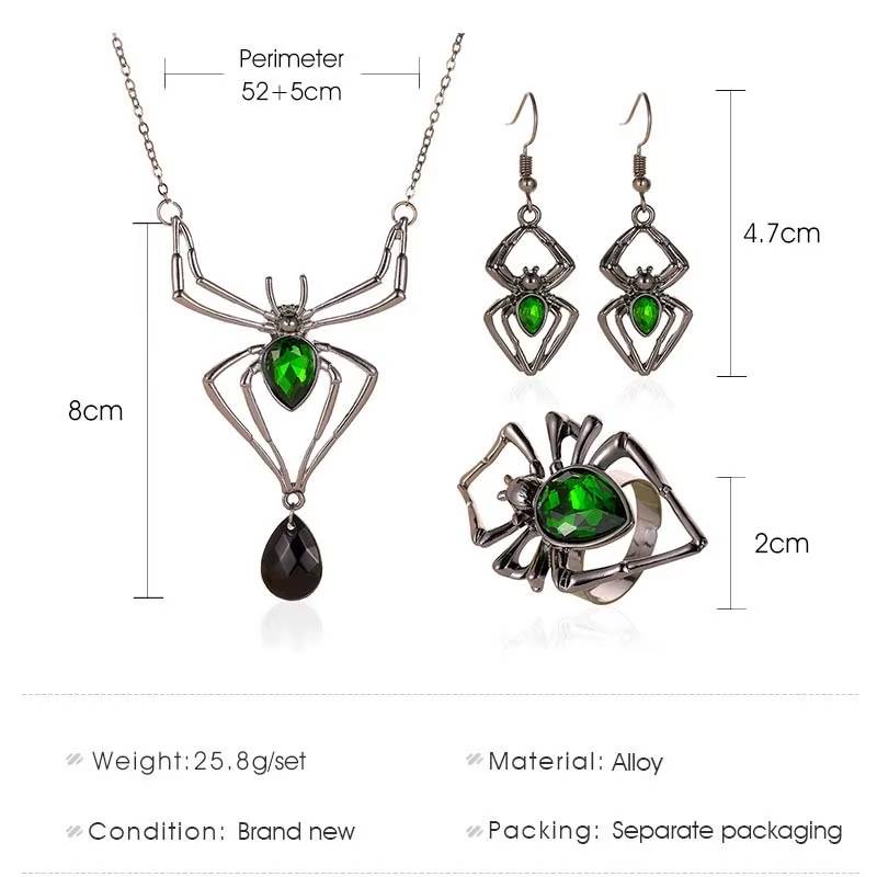 Gothic Black Spider Pendant Necklace Earrings Green Crystal Rings (6)