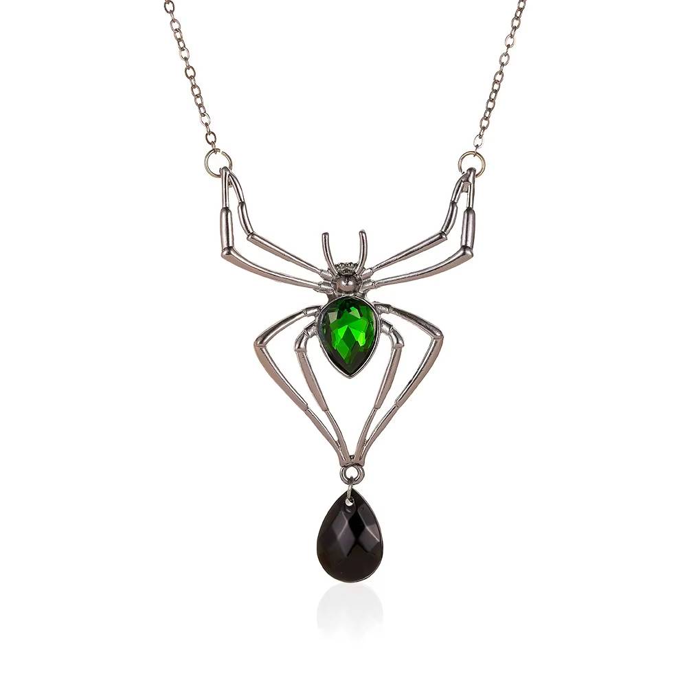 Gothic Black Spider Pendant Necklace Earrings Green Crystal Rings (7)