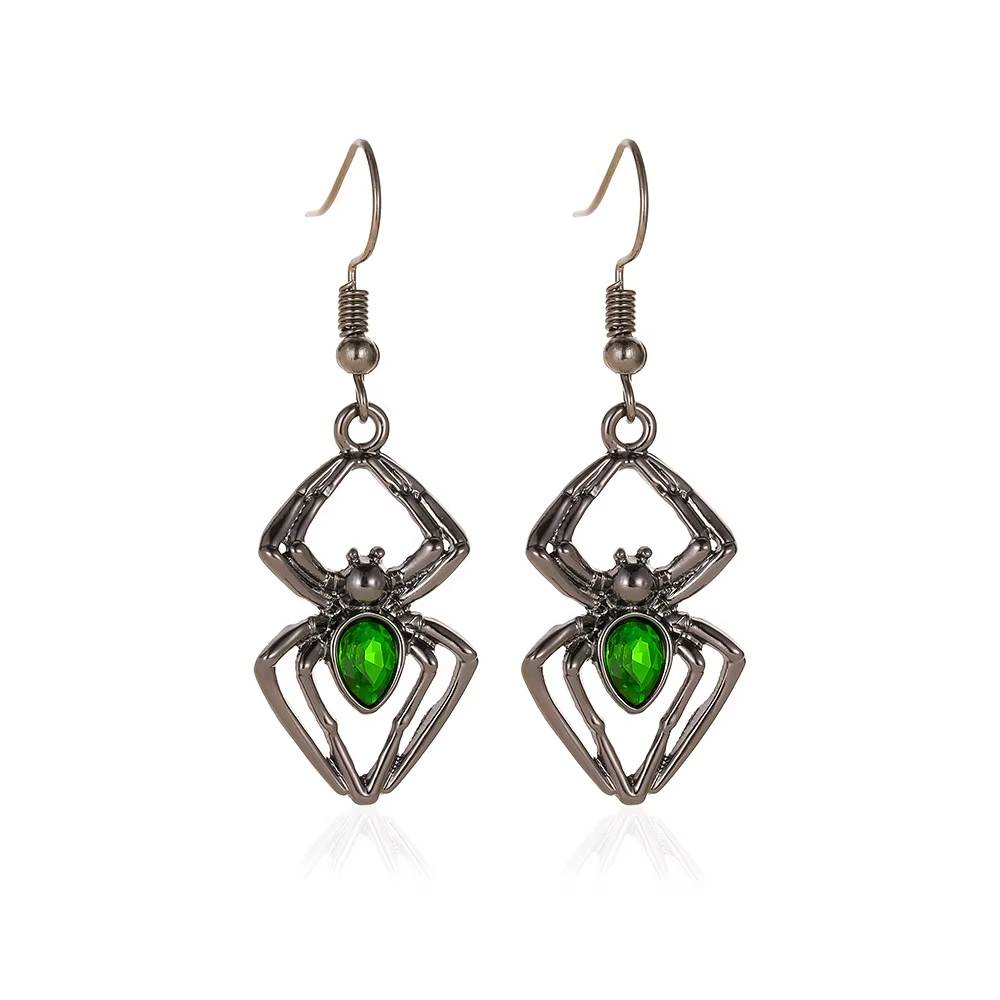 Gothic Black Spider Pendant Necklace Earrings Green Crystal Rings (8)