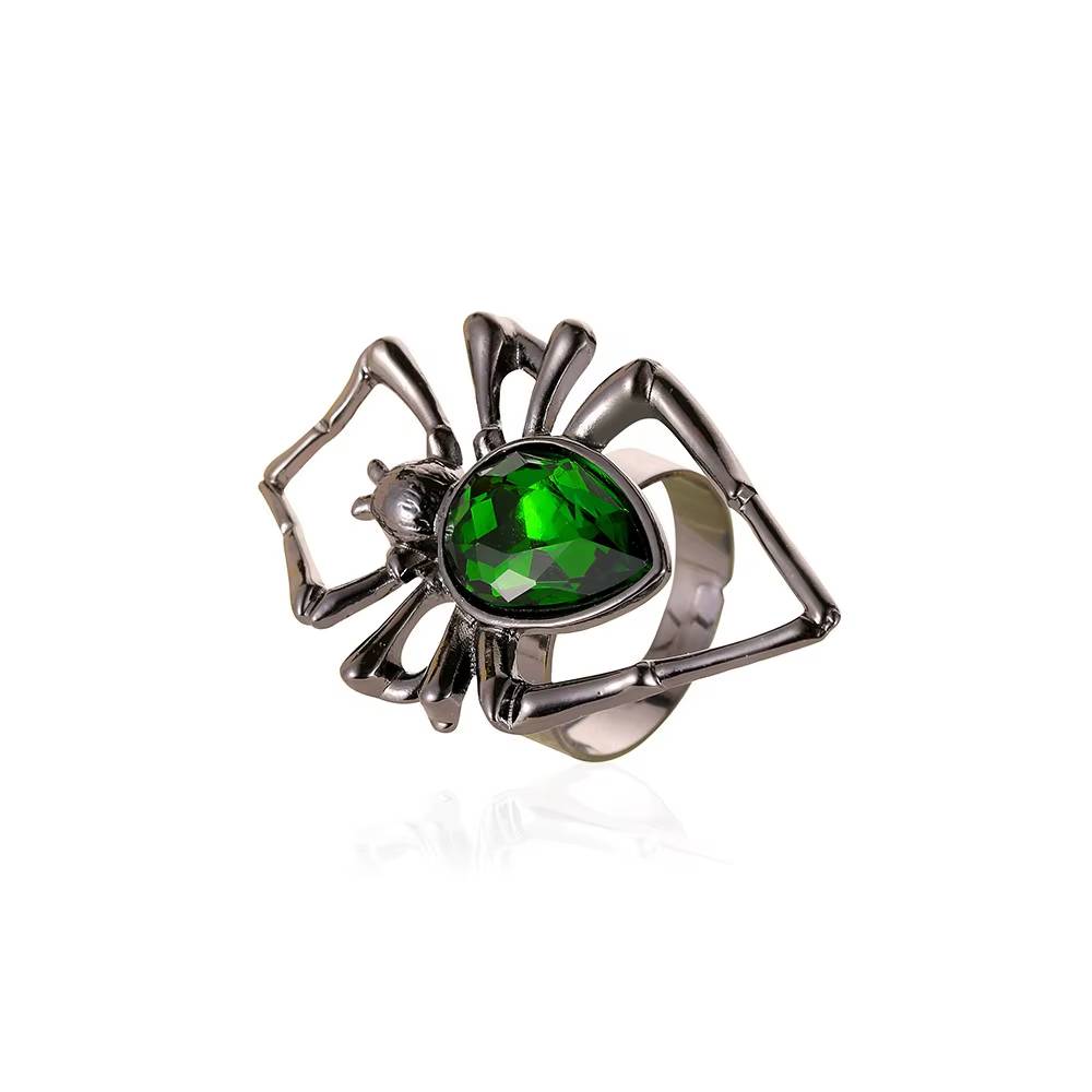 Gothic Black Spider Pendant Necklace Earrings Green Crystal Rings (9)