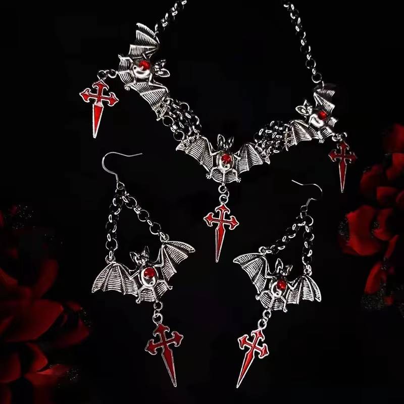 Halloween Gothic Bat Cross Jewelry Set with Ruby Inset