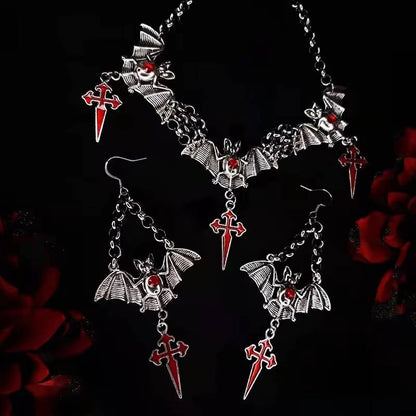 Halloween Gothic Bat Cross Jewelry Set with Ruby Inset