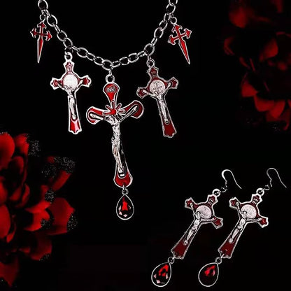 Halloween Gothic Bat Cross Jewelry Set with Ruby Inset (2)