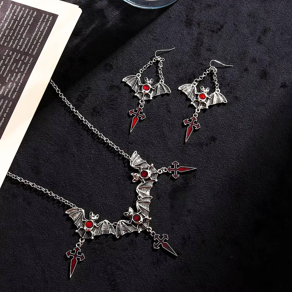 Halloween Gothic Bat Cross Jewelry Set with Ruby Inset (3)