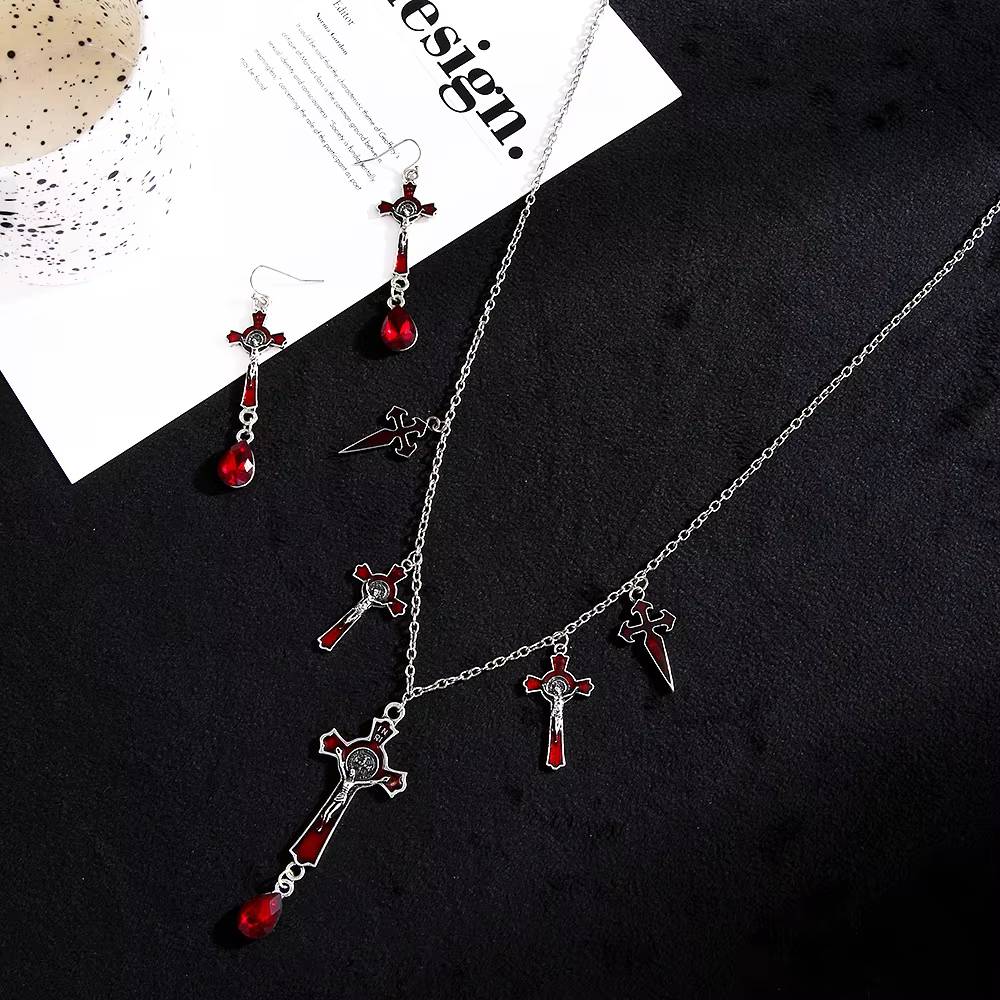 Halloween Gothic Bat Cross Jewelry Set with Ruby Inset (4)