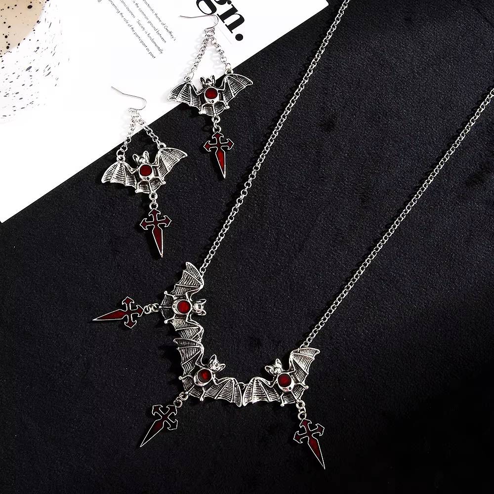 Halloween Gothic Bat Cross Jewelry Set with Ruby Inset (5)