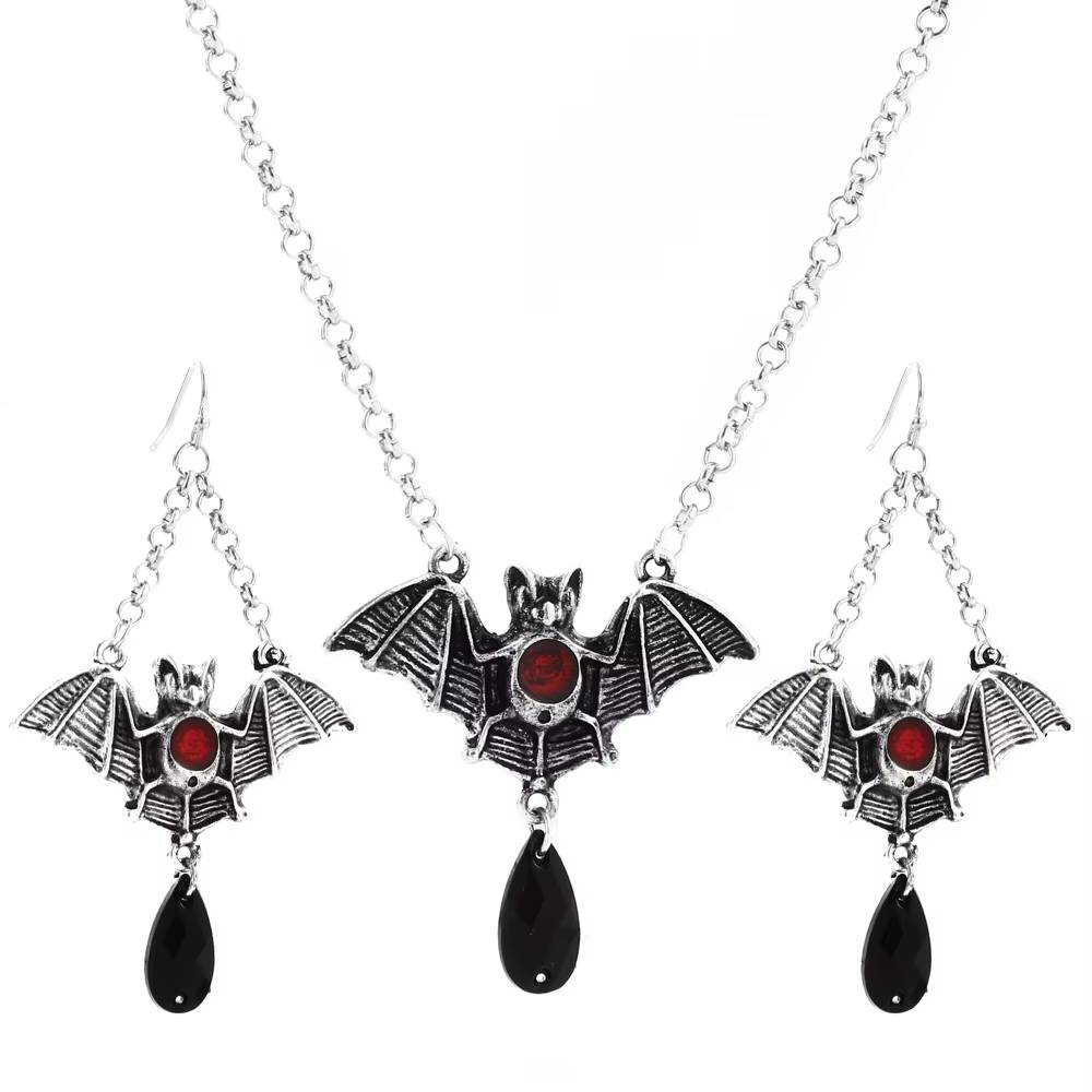 Halloween Gothic Bat Cross Jewelry Set with Ruby Inset (7)