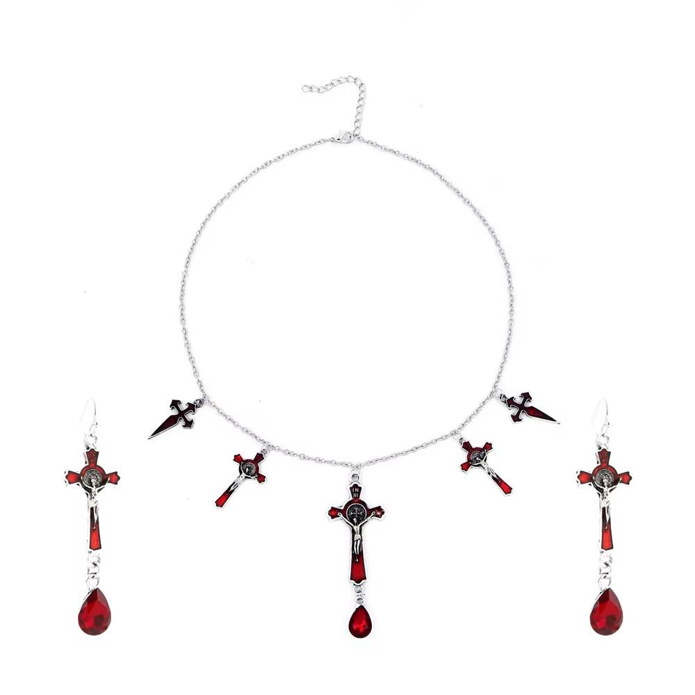 Halloween Gothic Bat Cross Jewelry Set with Ruby Inset (8)