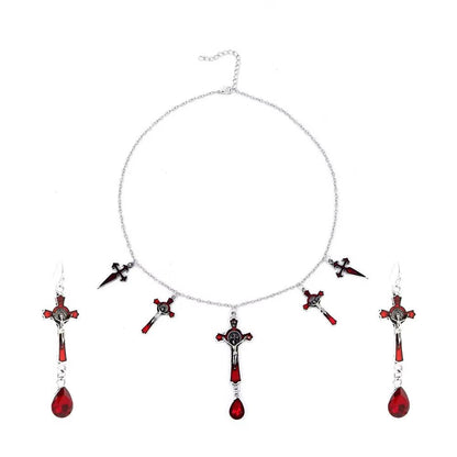 Halloween Gothic Bat Cross Jewelry Set with Ruby Inset (8)