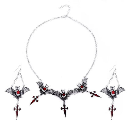 Halloween Gothic Bat Cross Jewelry Set with Ruby Inset (9)