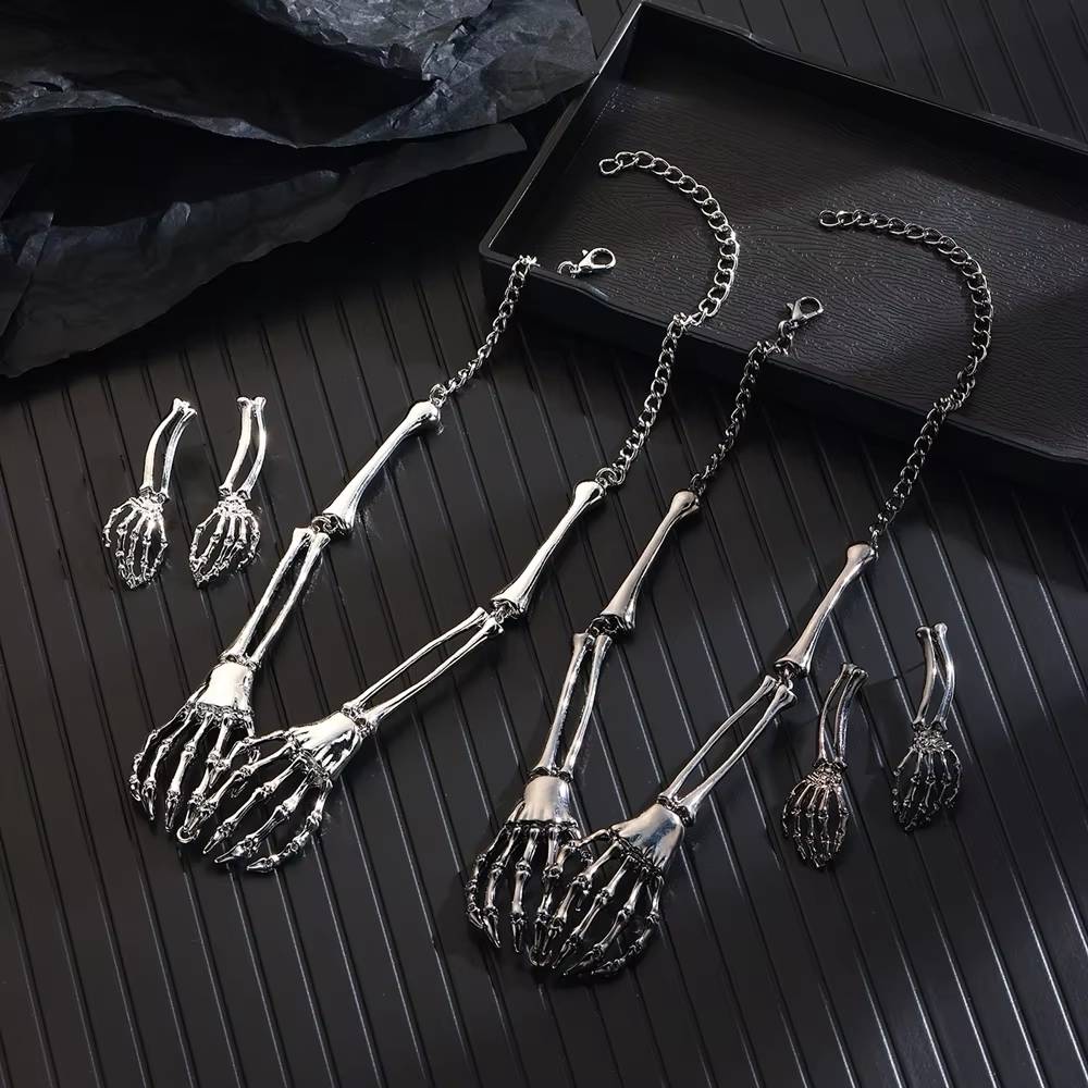 Halloween Jewelry Set Punk Metal Hollow Bone Ghost Hand (2)