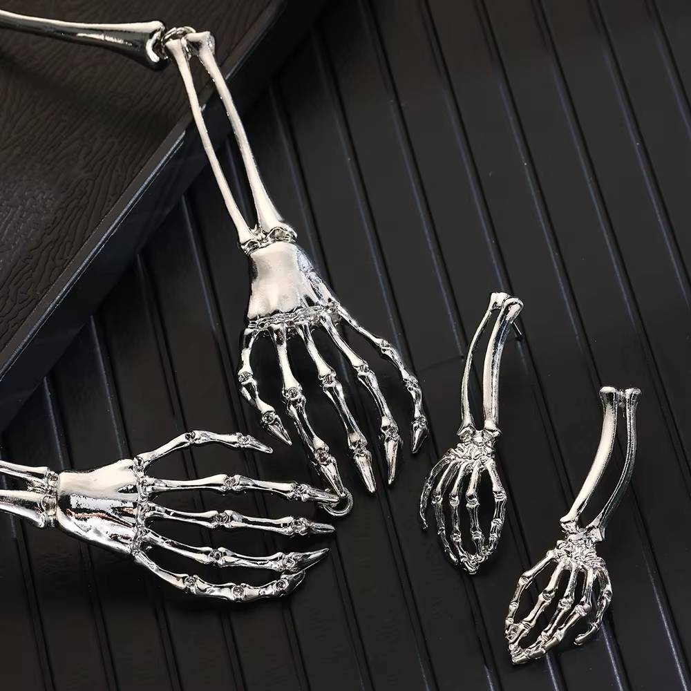 Halloween Jewelry Set Punk Metal Hollow Bone Ghost Hand (3)