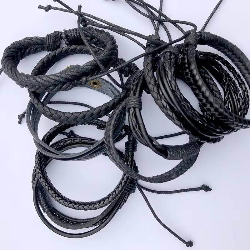 Hand Woven Black Leather Bracelet DIY 10 Piece Set with Men's Bracelet