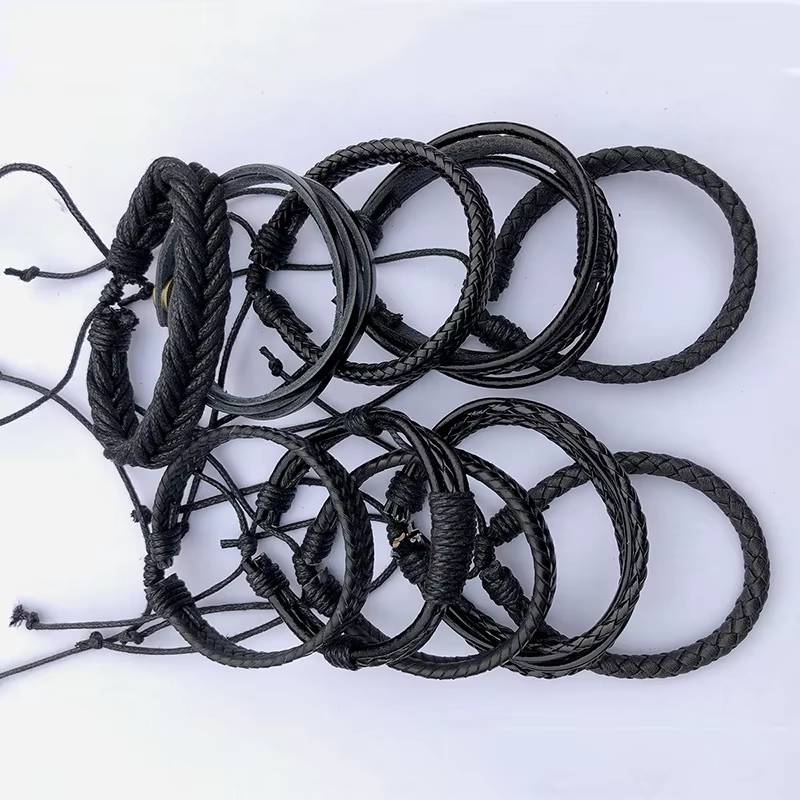 Hand Woven Black Leather Bracelet DIY 10 Piece Set with Men's Bracelet