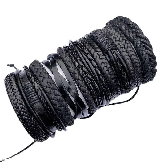 Hand Woven Black Leather Bracelet DIY 10 Piece Set with Men's Bracelet