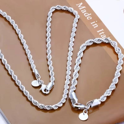 High Quality 925 Silver 4MM Chain Male Twisted Rope Jewelry Set