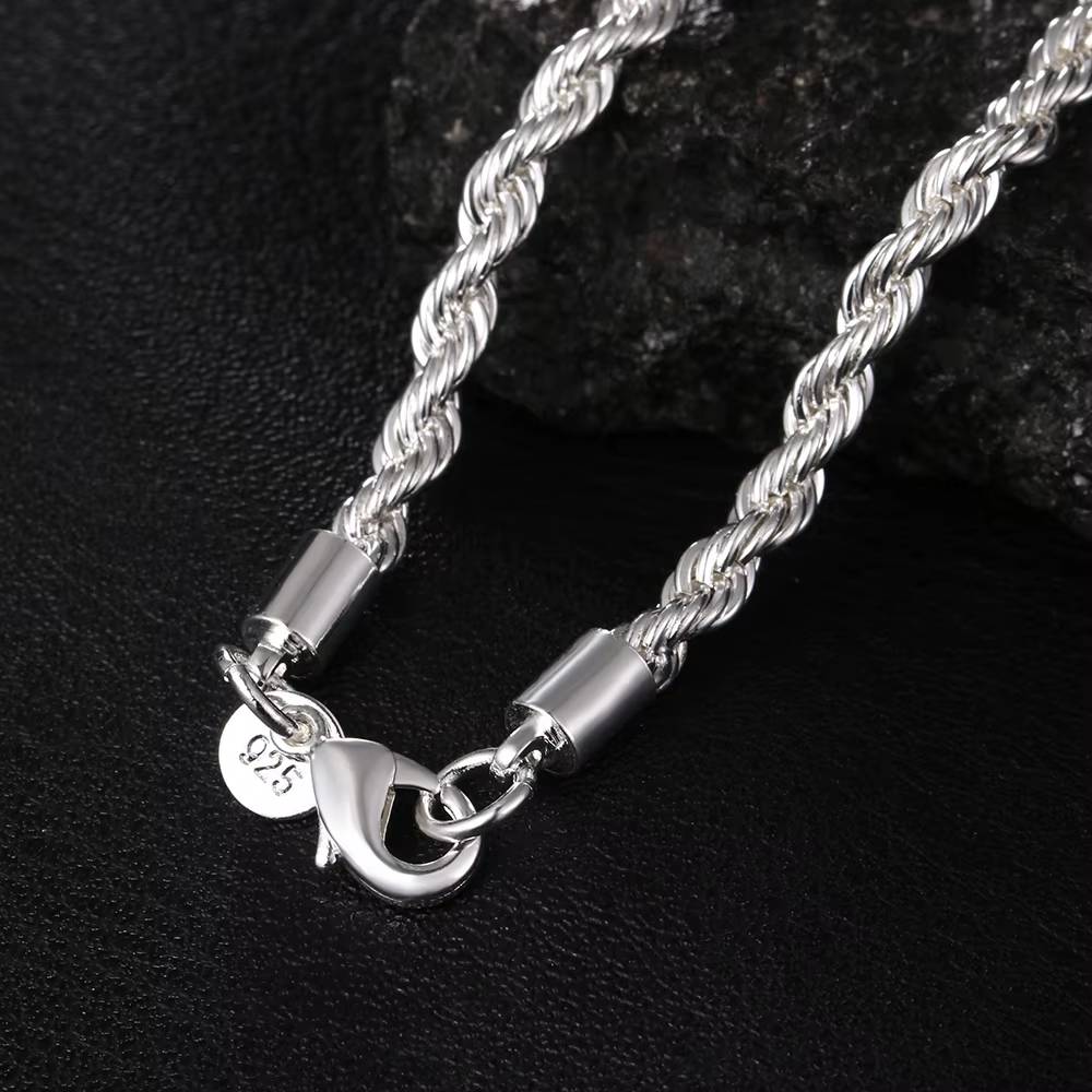 High Quality 925 Silver 4MM Chain Male Twisted Rope Jewelry Set (3)