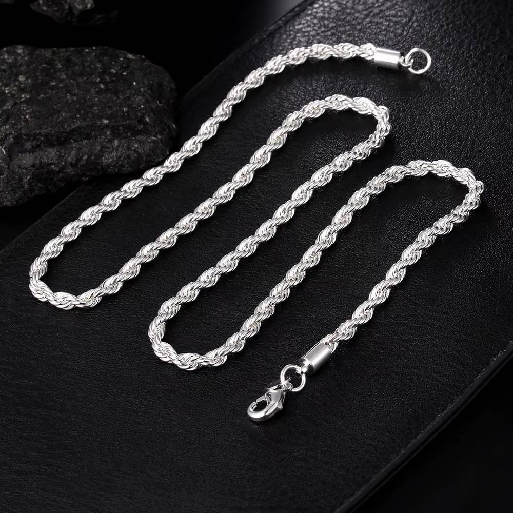 High Quality 925 Silver 4MM Chain Male Twisted Rope Jewelry Set (4)