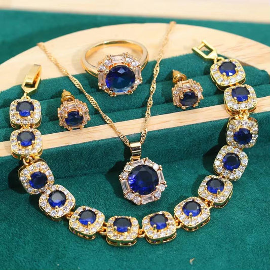 Luxurious Gold-Color Blue Stone Wedding Jewelry Set for Women