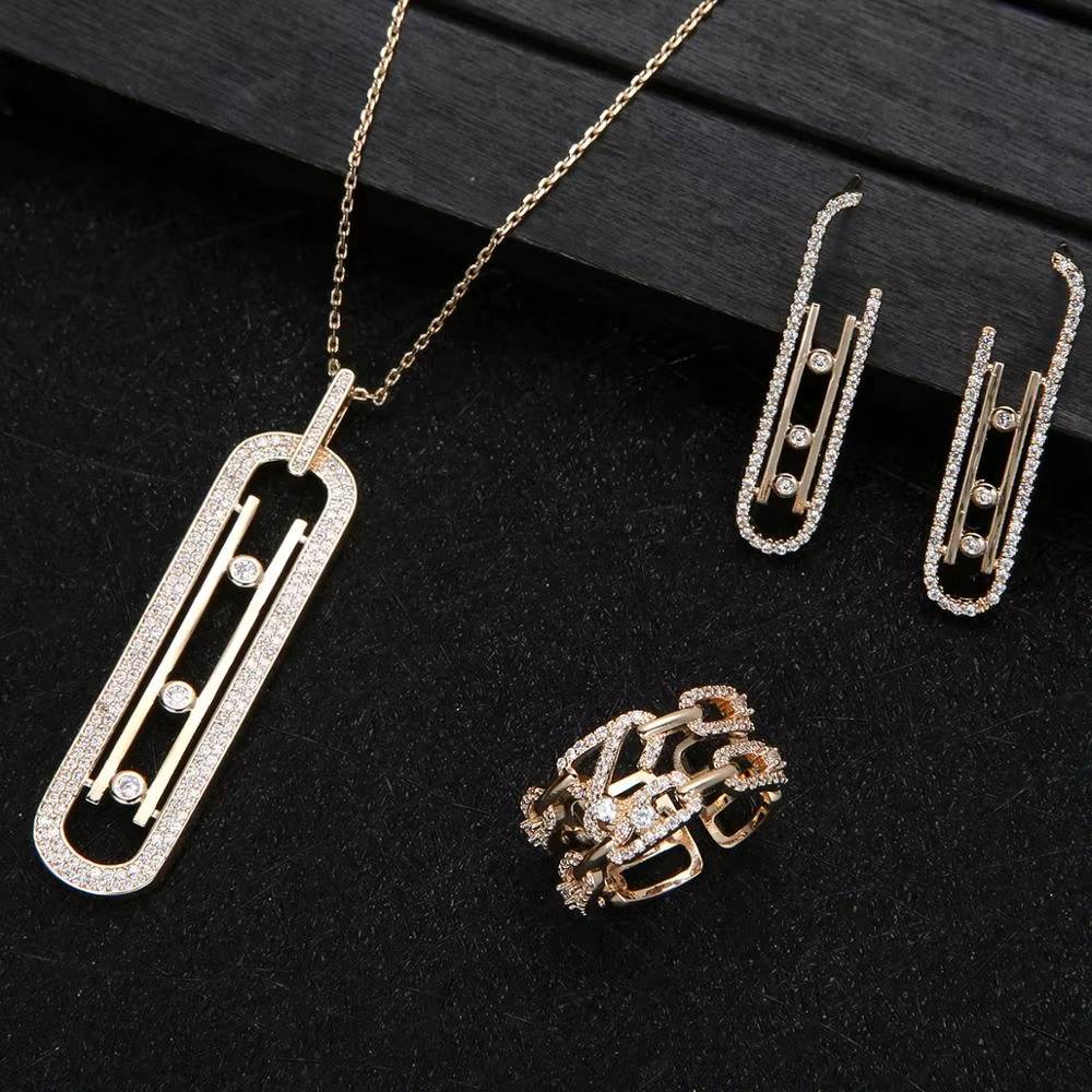 Luxury Geometry Link Stackable Pendant Necklace Earring Ring Set