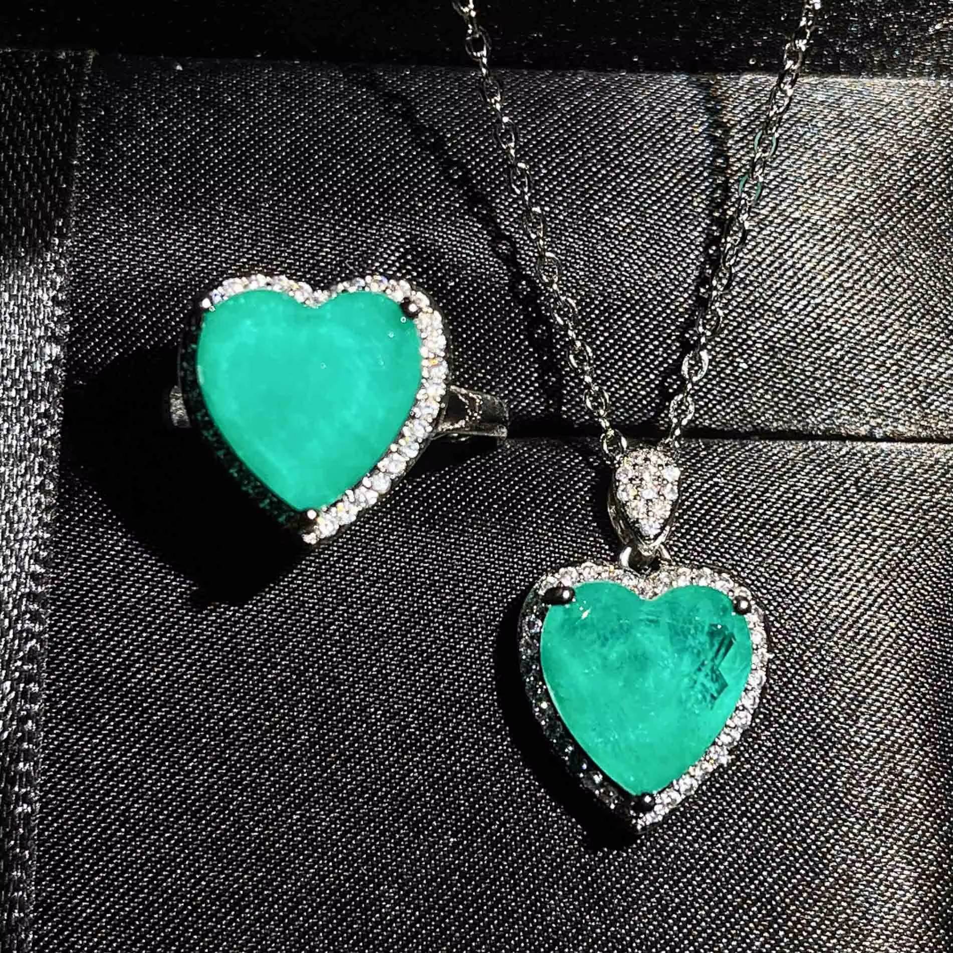 Luxury Heart CZ Paraiba Tourmaline Ring Necklace Set