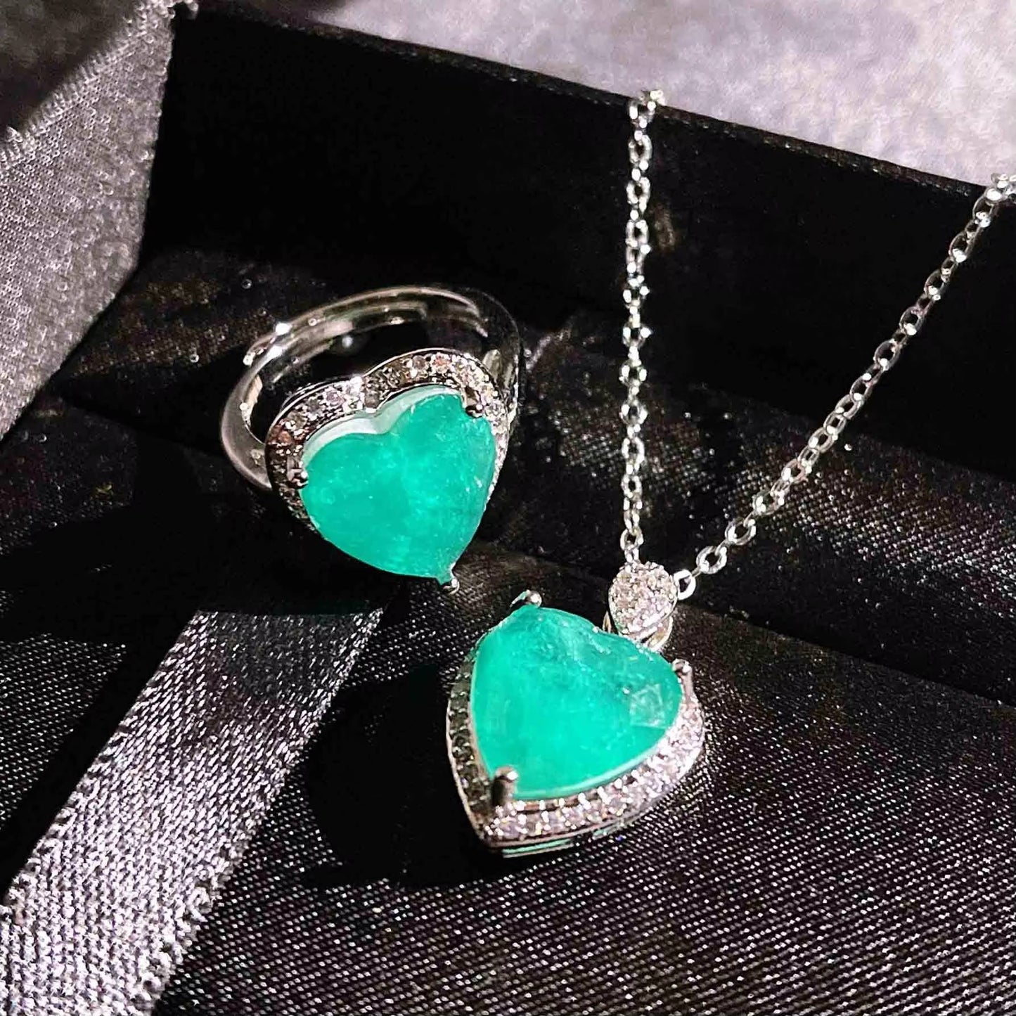 Luxury Heart CZ Paraiba Tourmaline Ring Necklace Set (2)