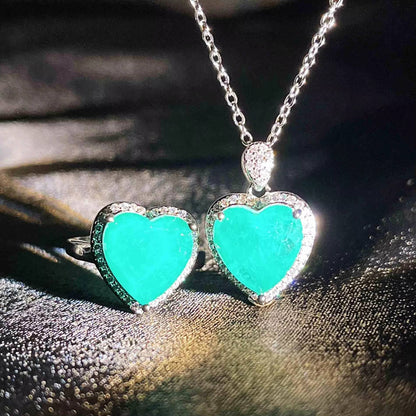 Luxury Heart CZ Paraiba Tourmaline Ring Necklace Set (3)