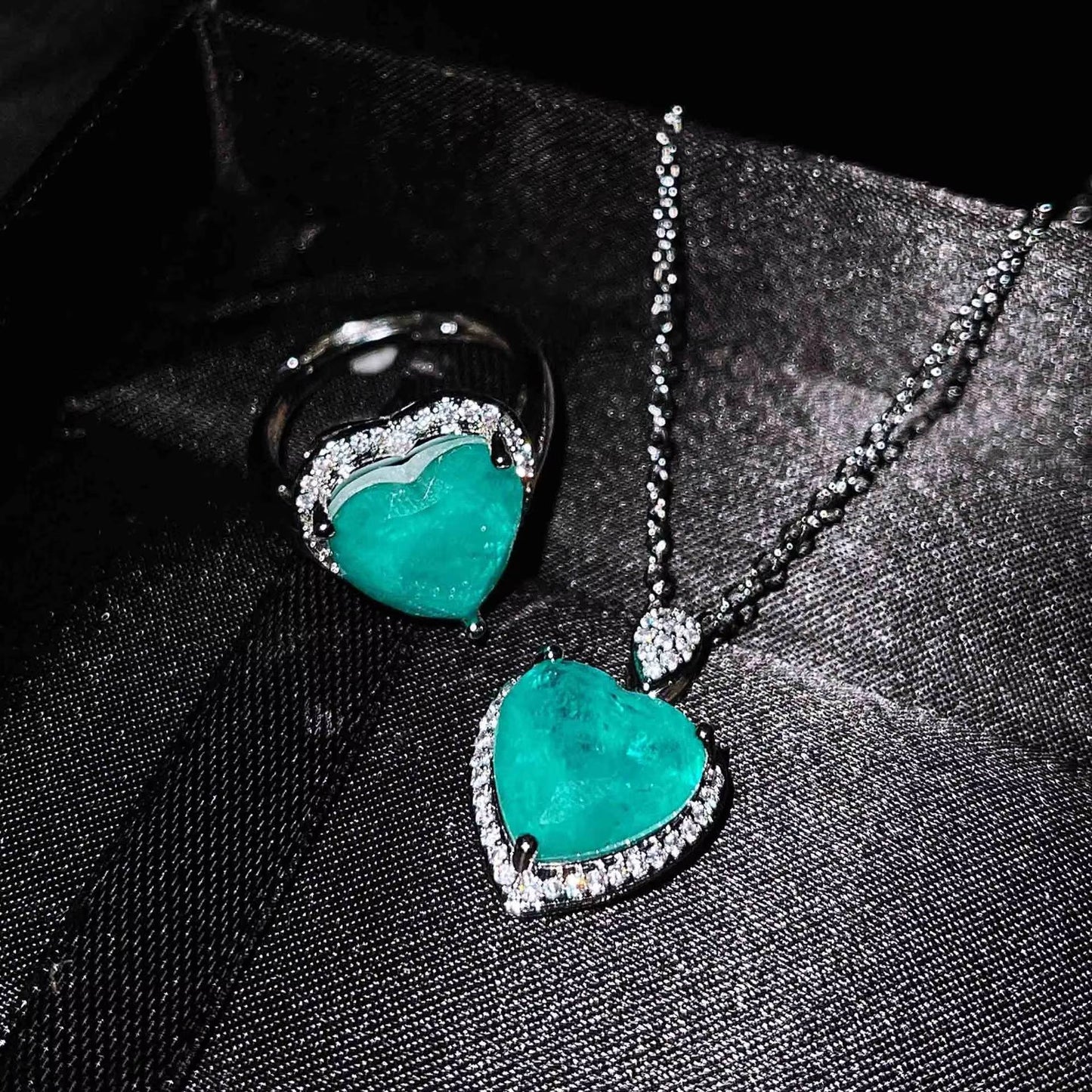 Luxury Heart CZ Paraiba Tourmaline Ring Necklace Set (6)