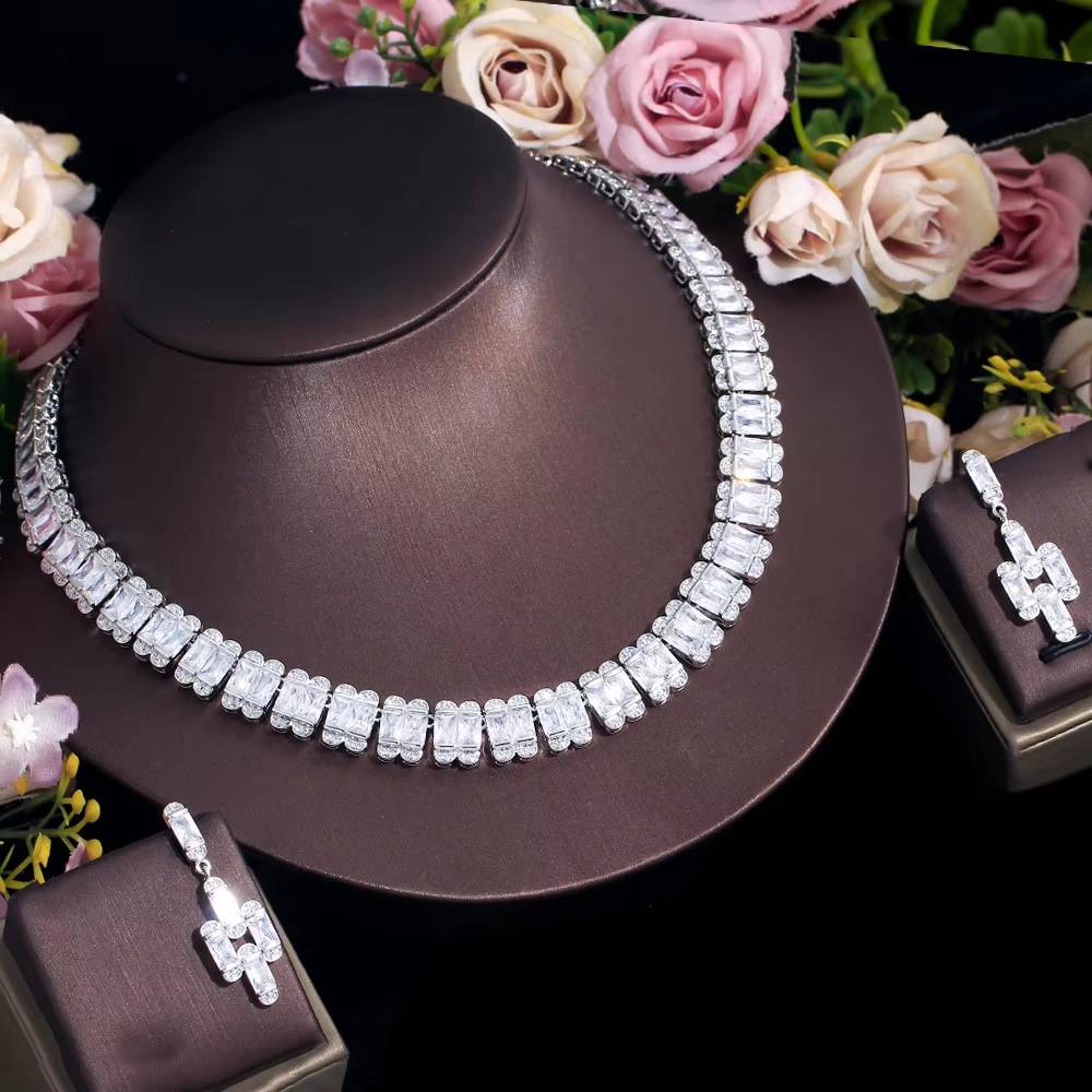 Luxury Tennis Bridal Wedding Party Choker Necklace Jewelry Sets (4)