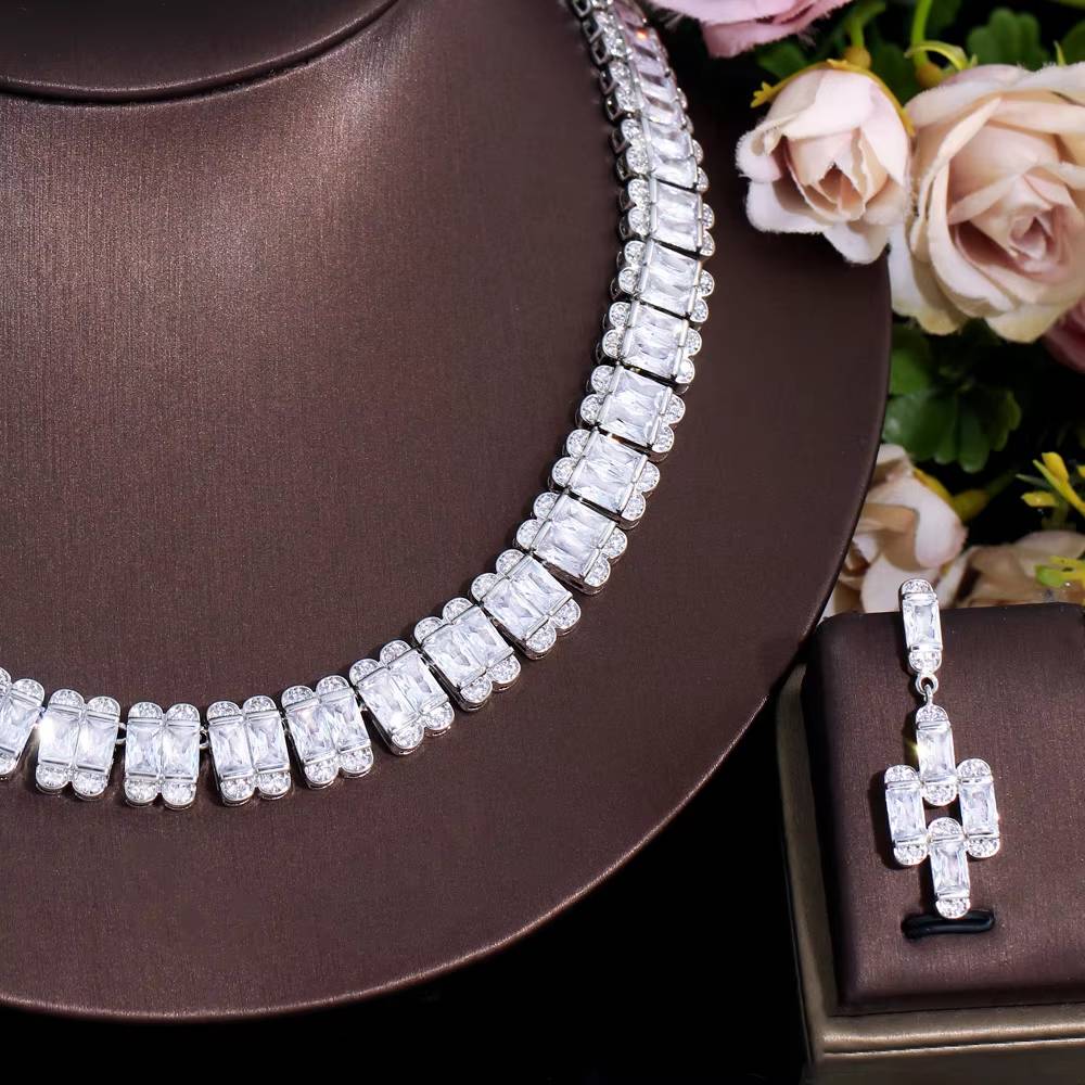 Luxury Tennis Bridal Wedding Party Choker Necklace Jewelry Sets (5)