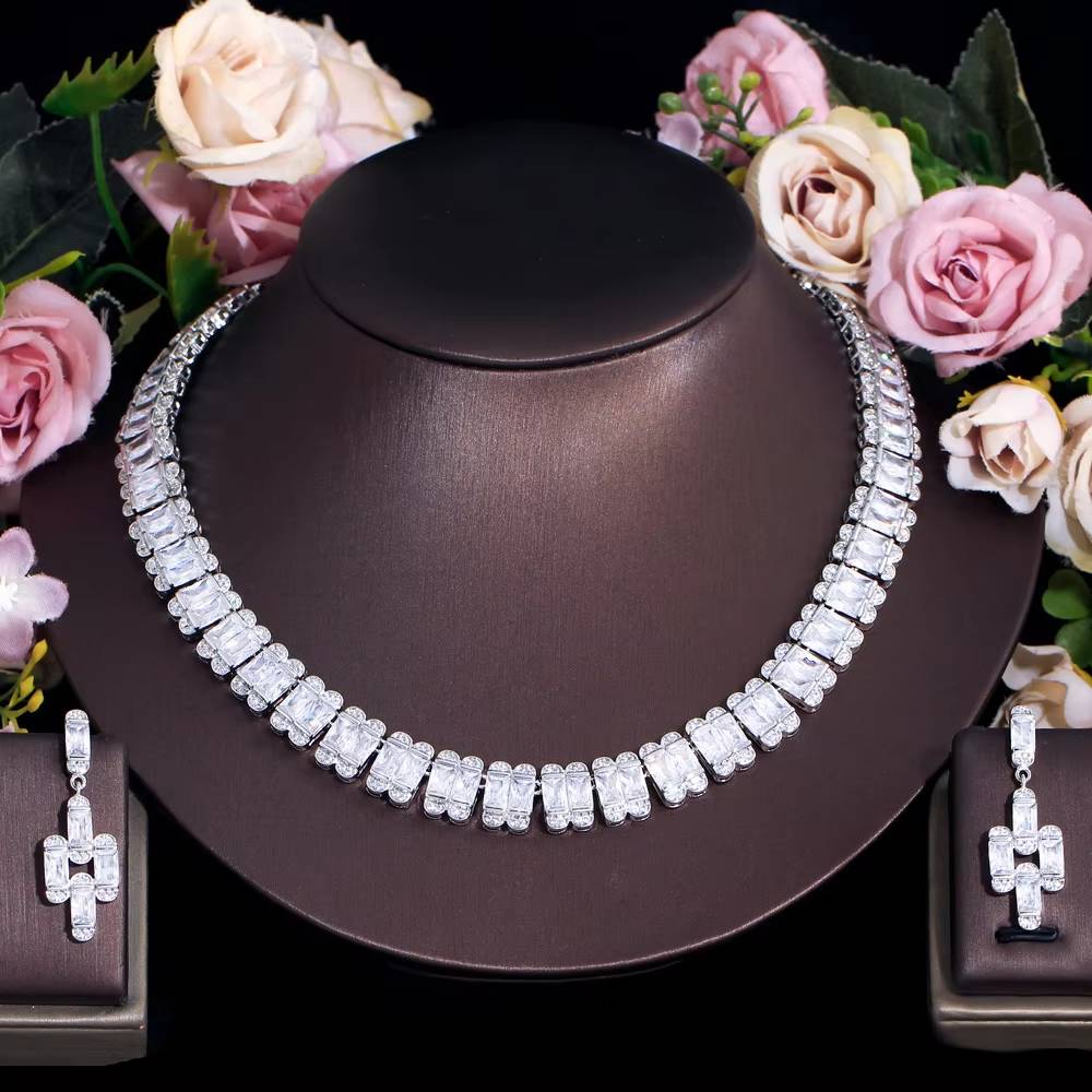 Luxury Tennis Bridal Wedding Party Choker Necklace Jewelry Sets (7)