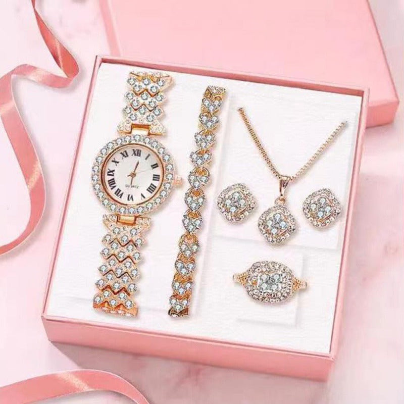 Luxury Women's Quartz Wristwatch Set with Rhinestones, Orange Gift Box