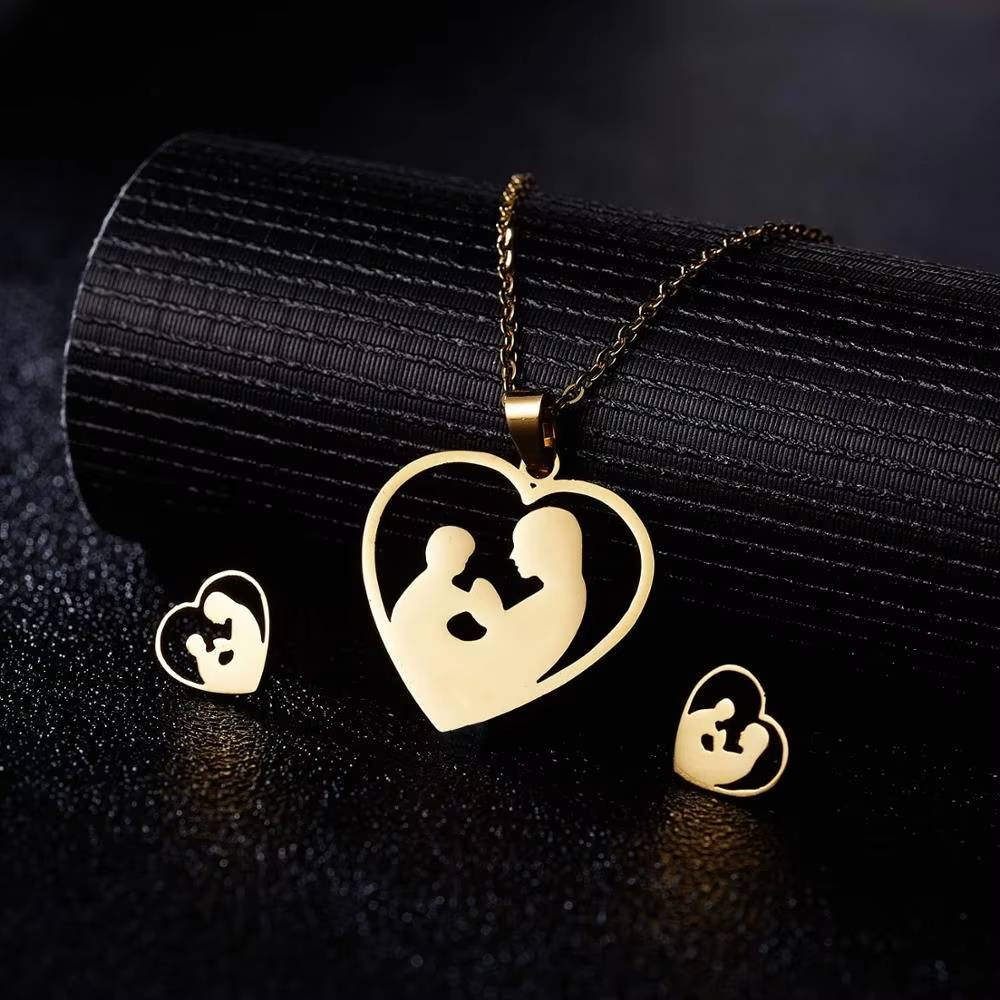 Mama Love Heart Rose Flower Pendant Necklace Earrings Set (10)