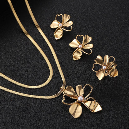 Minimalist Titanium Steel Pearl Flower Jewelry Set for Women - 3 Pieces (3)