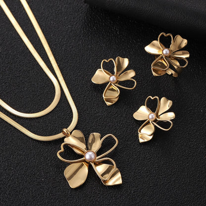 Minimalist Titanium Steel Pearl Flower Jewelry Set for Women - 3 Pieces (5)