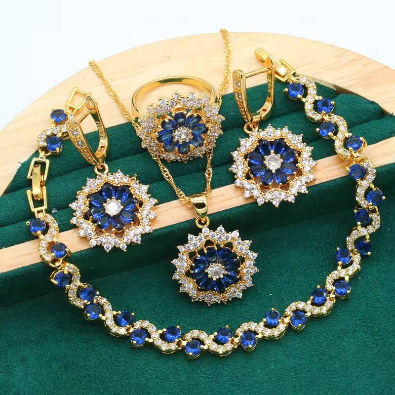 Necklace, Earrings, Bracelet, Ring with Royal Blue Gemstone