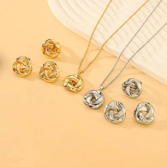 New Fashion Elegant Metal Twist Necklace Ring Earrings Set (2)