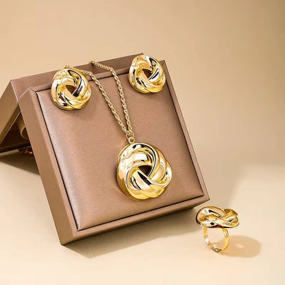 New Fashion Elegant Metal Twist Necklace Ring Earrings Set (5)